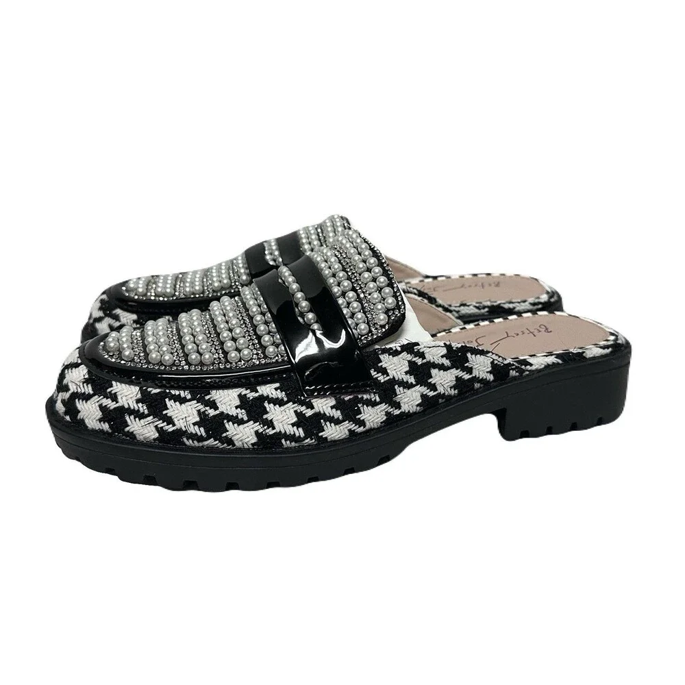 NEW Betsey Johnson Ronin Womens Size 7 Pearl Embellished Houndstooth Mule Loafer